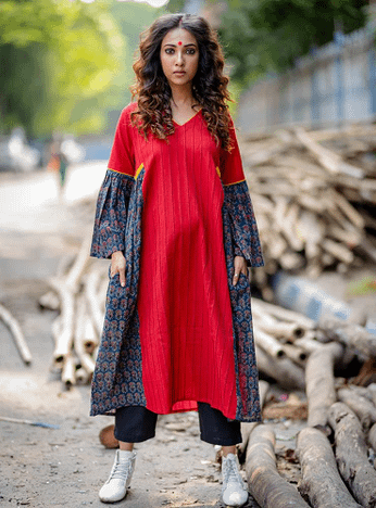"Rang" Co-rd Set : Red Handloom Cotton Gathered Tunic with black trouser