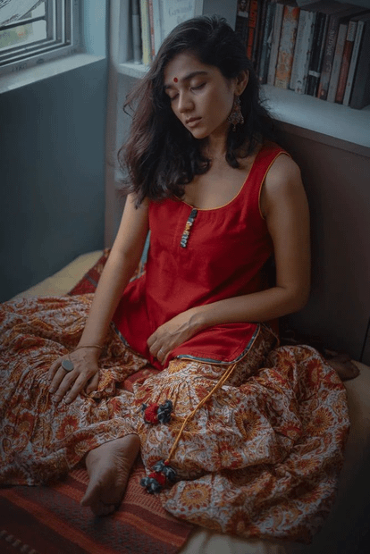 Co-ord set : Bagru Printed Sharara & Red Handloom Cotton Top