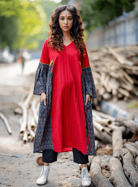 "Rang" Co-rd Set : Red Handloom Cotton Gathered Tunic with black trouser