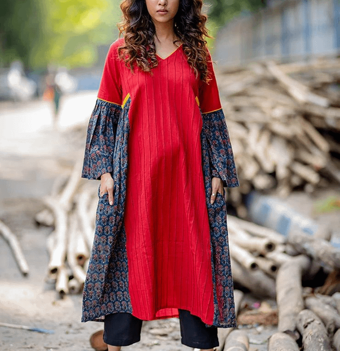 "Rang" Co-rd Set : Red Handloom Cotton Gathered Tunic with black trouser