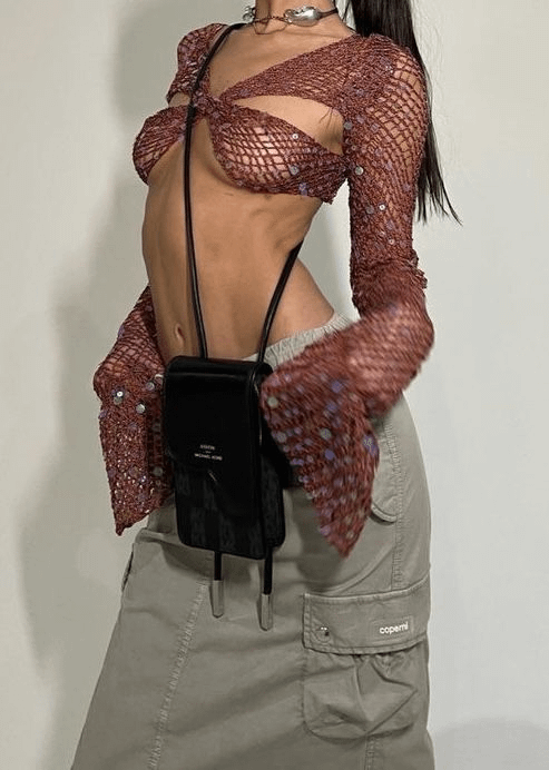 Red Knit Full Sleeves Bralette Top