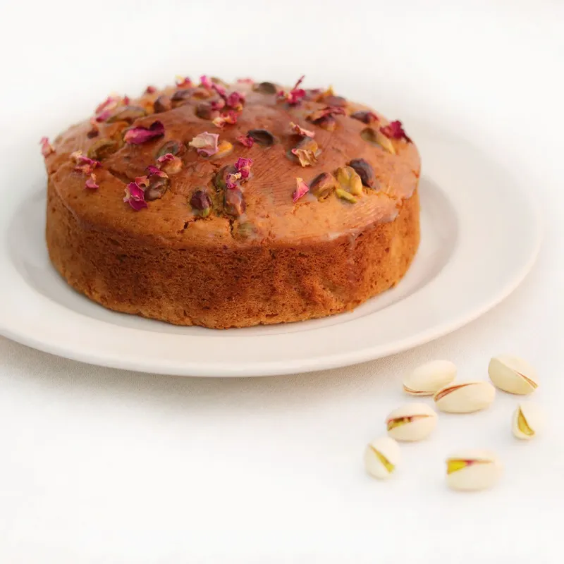 Eggless Rose Pistachio Tea Cake